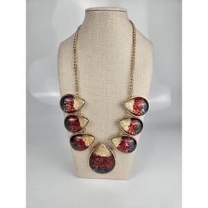 Charming Charlie Statement Necklace Gold Tone‎ Cream Burnt Red Blue/Gray